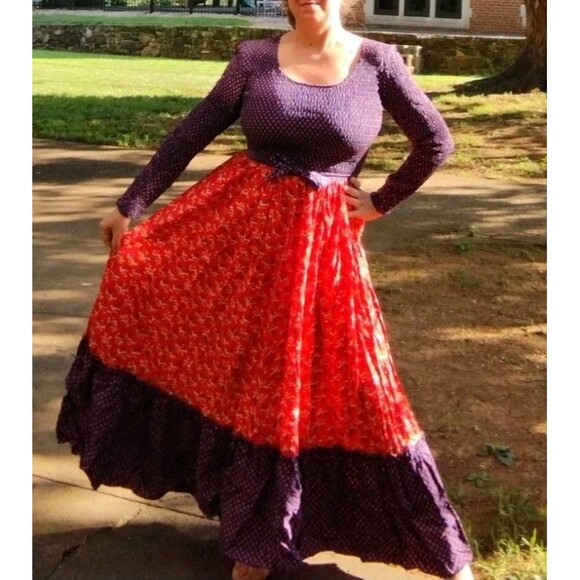Vintage 70s Denise Are There Prairie Floral Maxi Dress Blue & Red Ruffled  M / L - Picture 3 of 16